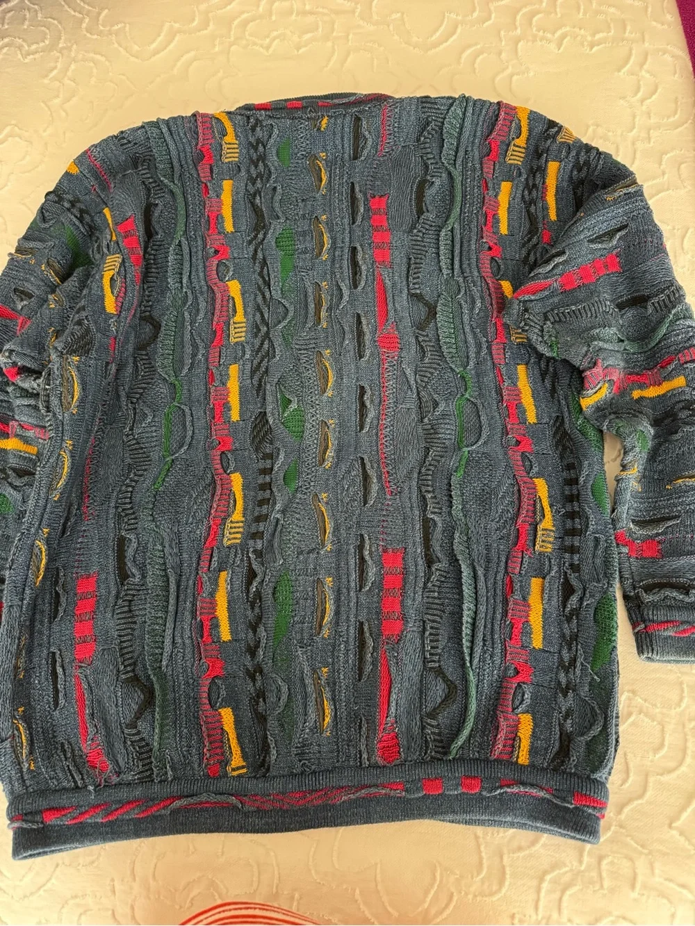 COOGI Blue Multicolor Shawl-Collar Cable Cardigan with Bold Accents